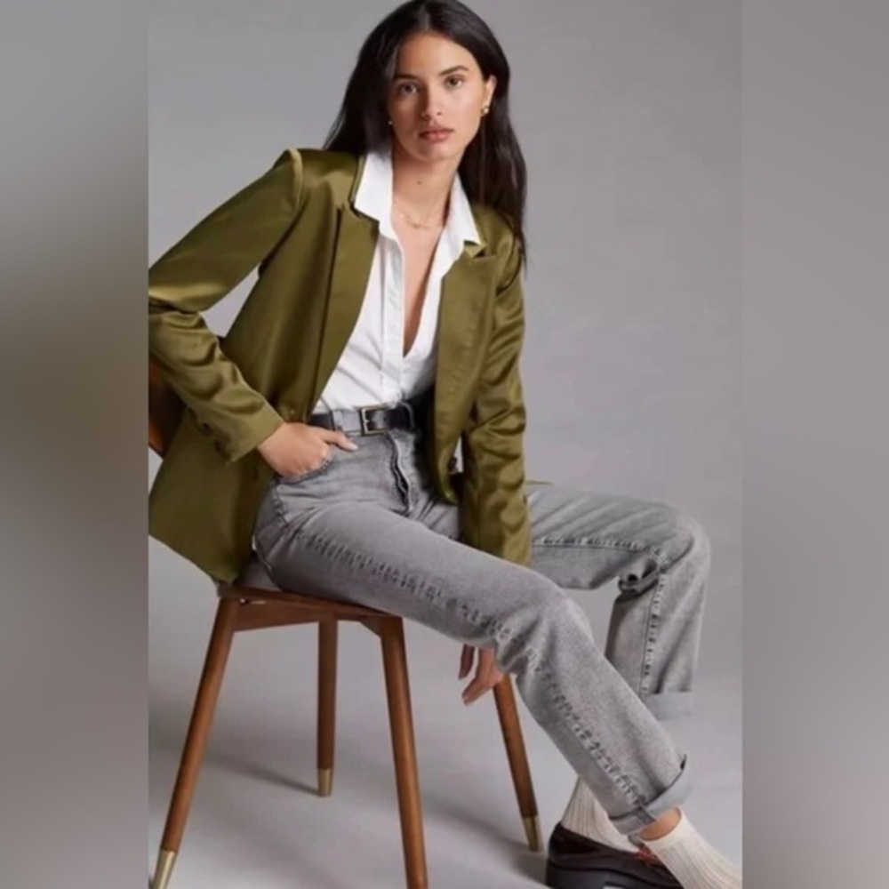 Anthropologie Aves les filles satin effect olive green blazer jacket size medium - Picture 3 of 14